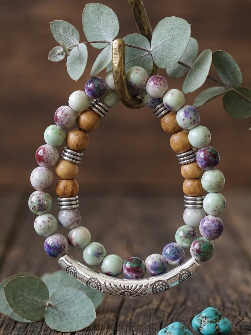 Beaded Stretch Wrap Bracelet Sage Green Tan Wood Silver Tube Boho Stackable 14"